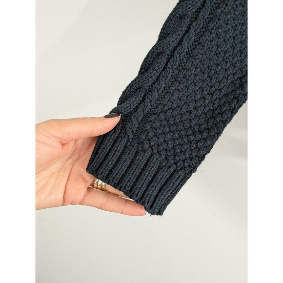 Vintage Black Sweater Womens L Cable Knit Fishermans Pullover Turtleneck Cotton - Picture 7 of 10